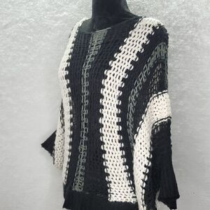 Lumiere Batwing Striped Crochet Knitted Oversized Wool Blend Sweater Size S/M